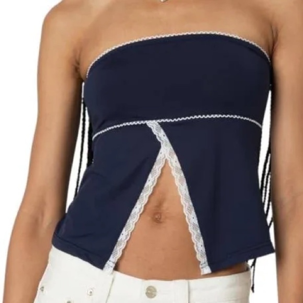edikted blue strapless crop top